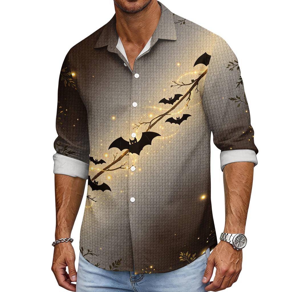 Men's Loose Fit Long Sleeve Shirt with Spread Collar Halloween Themed Casual Vintage Style Breathable Fabric Suitable for Outdoor Workwear