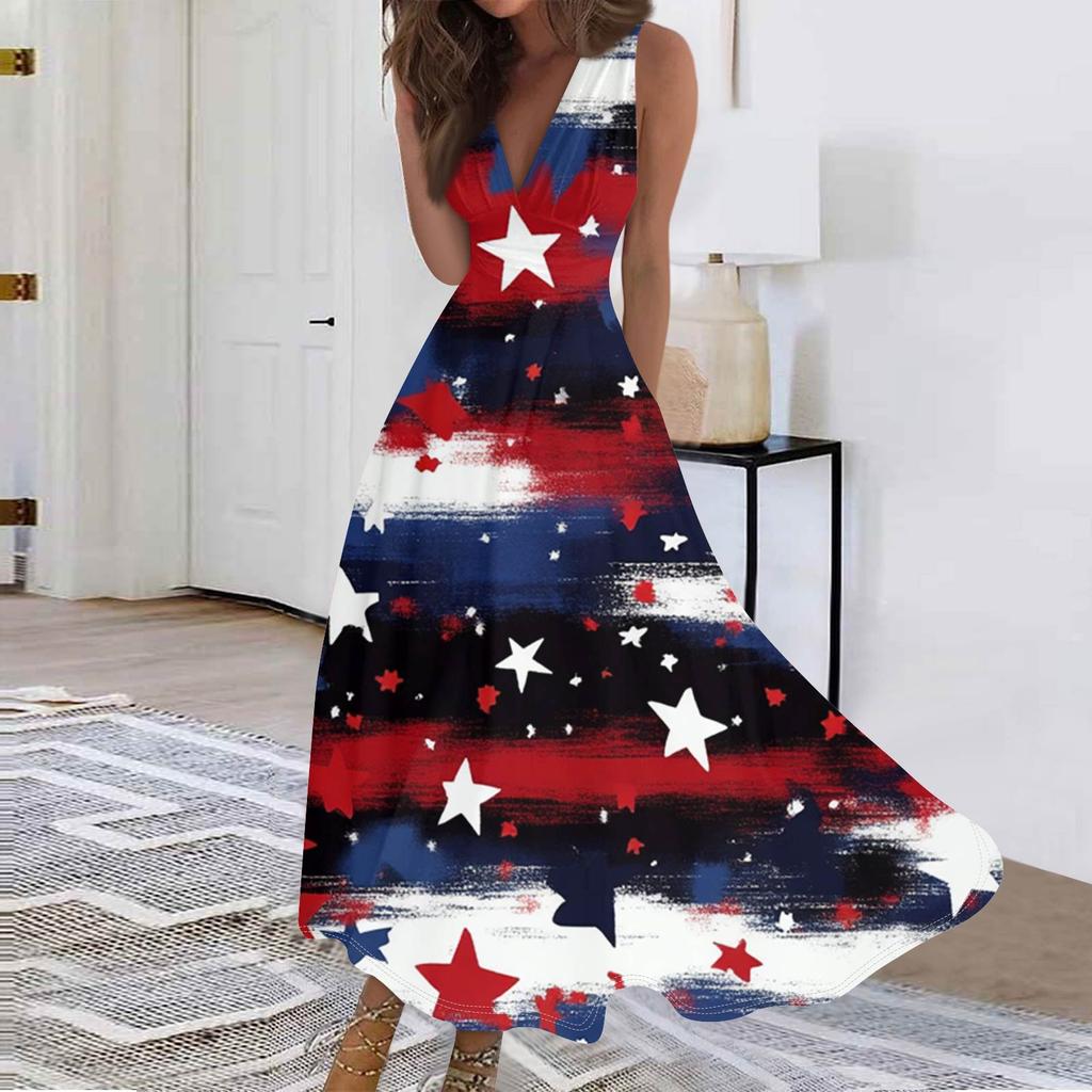 Women's Fashion Casual Loose V Neck Sleeveless Independence Day Printed Long Dresses