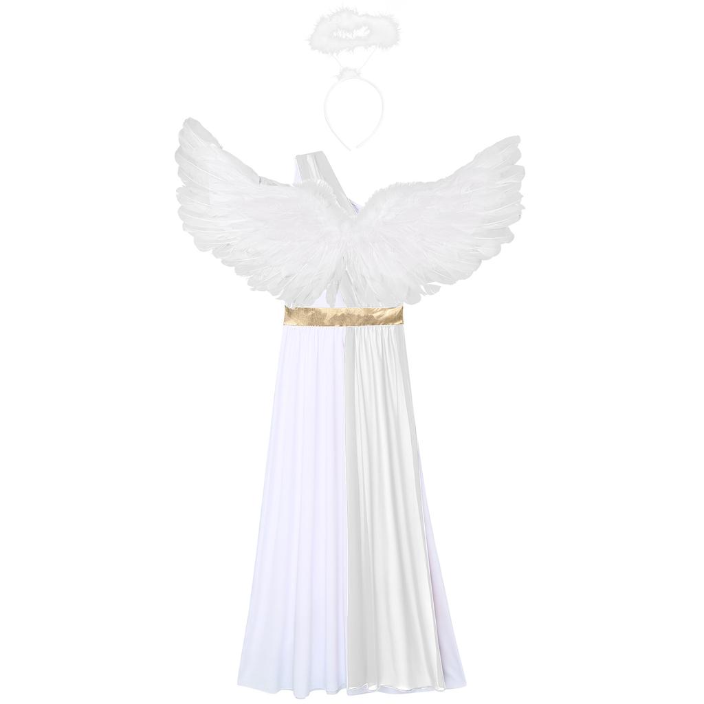 Women Halloween Angel Costume Sleeveless Chiffon Vintage Trim Tunic Dress Feather Angel Wings Headwear Set