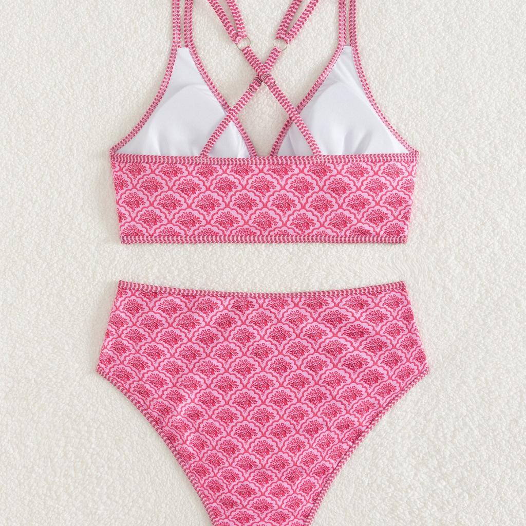 Printed Double Shoulder Strap High Waist Sexy Split Bikini Women's Swimsuit