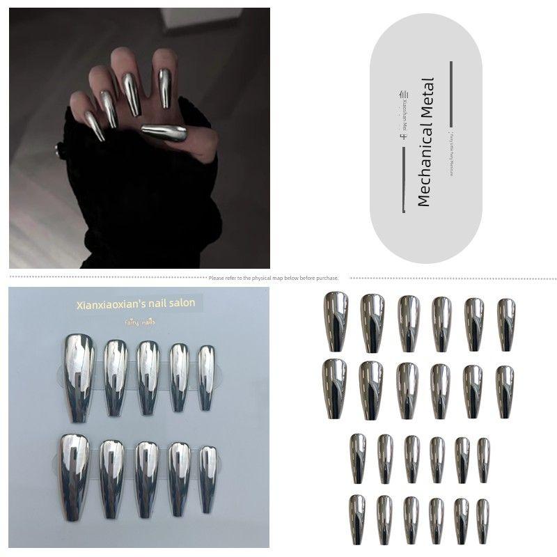 

Punk Metal Silver Magic Mirror Surface Wear Armor Y2g Long Ladder Fake Nail Tip Fashion Dark Sexy Electroplating Nail Stickers 186-Mechanical Metals