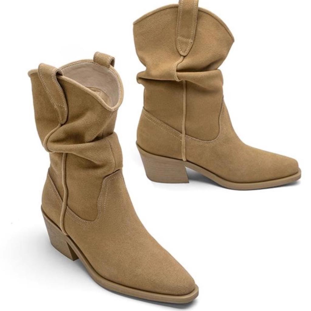 Rindslederversion~ Zhao Ruth hat die gleichen spitzen Stiefel, Stiefeletten, hochhackigen Retro-Western-Reitstiefel, V-Ausschnitt-Mittelstiefel.