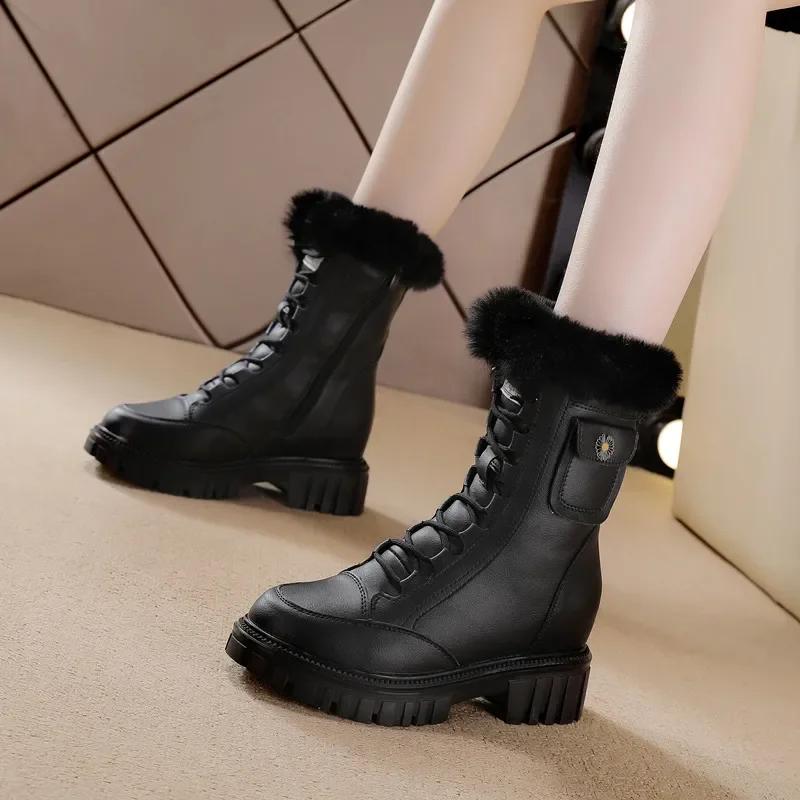 Fashion 7cm Genuine Leather Synthetic Cushioned Platform Wedge Winter Plush Spring Women Spring Durable Ankle Boots Autumn Shoes