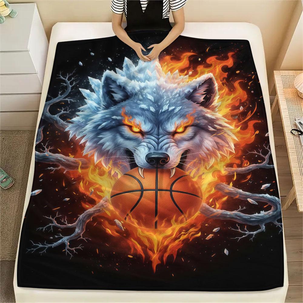 1Pc IceFireWolf Print Flannel Blanket, High Quality Comfortable for All Seasons, Home Decor, Warmth and Comfort, Perfect for Christmas Gifts