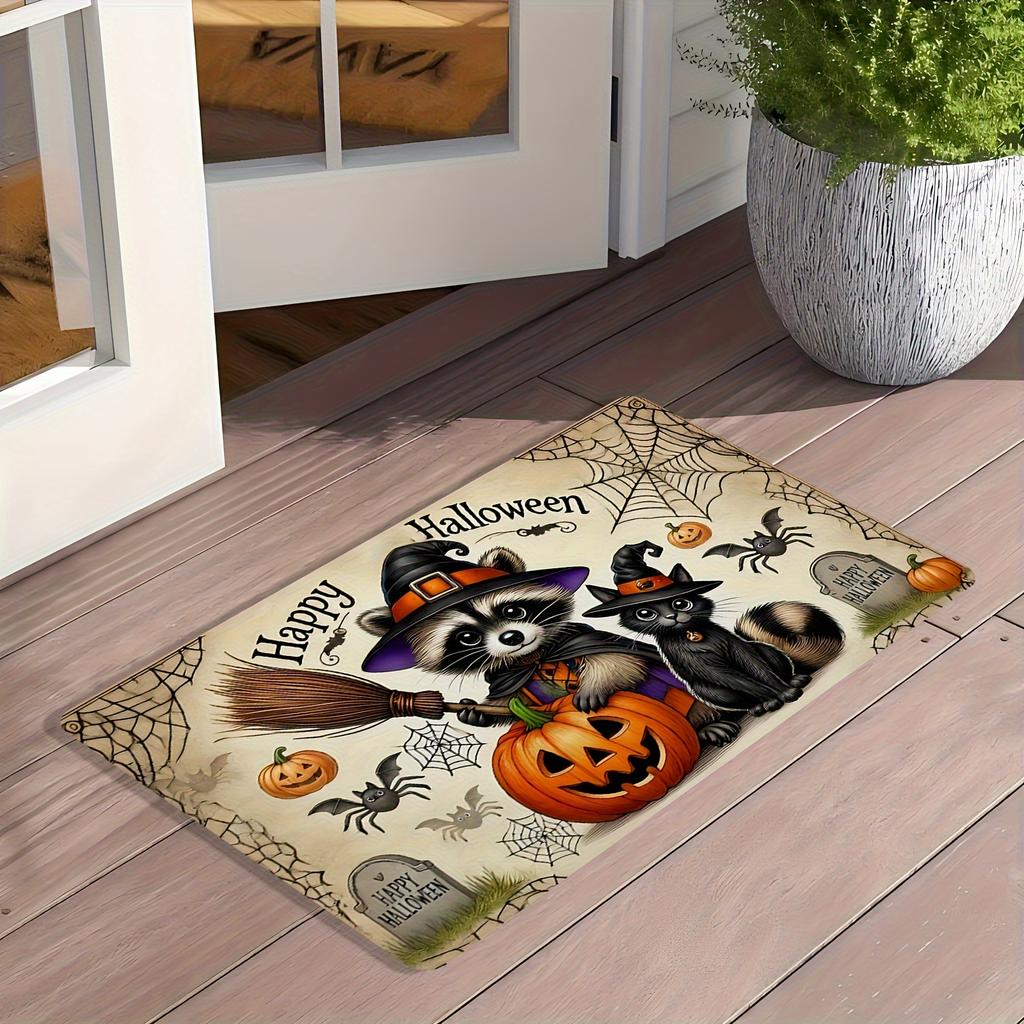 1 Halloween flannel floor mat machine washable, with cute raccoon witch cat and pumpkin pattern suitable for living room bedroom