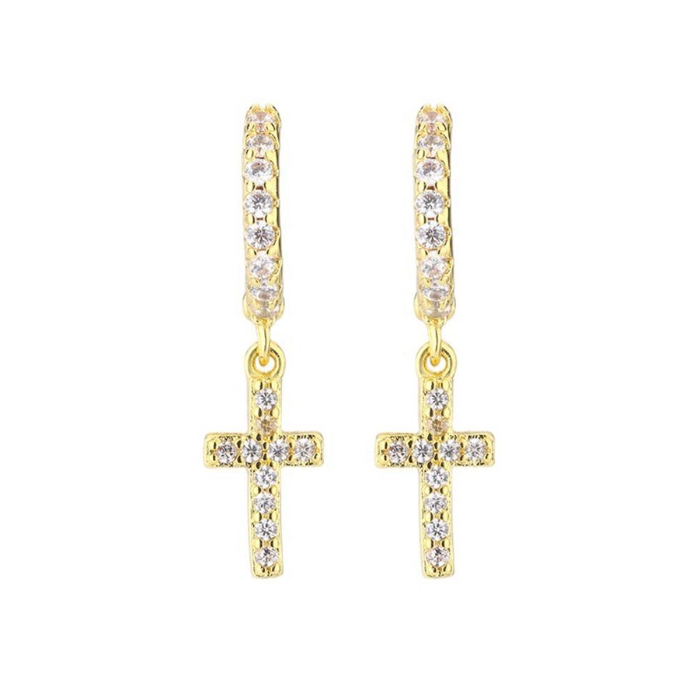 Fashion Punk Tone Full Inlay Zircon Cross Pendant Huggie Hoop Earrings for Women Men Exquisite Personality Couple Ear Jewelry