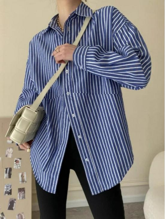 Damenhemd im koreanischen Stil, blau gestreift, locker - Frühjahrskollektion