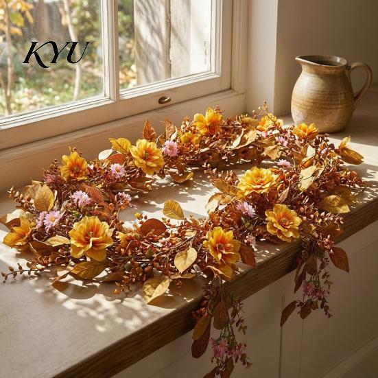 Realistic Silk Flowers for Home Halloween Willow Vine Twig Garland, Yellow Artificial Branch Decor Fireplace Mantle Decorative Wall, Flexible