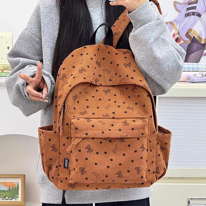 Schoolbag Corduroy Cute Backpack Girl Girl Heart Printing Large Capacity Lightweight Simple Backpack Campus Style Student School Bag