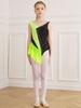 Eiskunstlauf-Tanz-Outfit für Mädchen, glitzernder Strass-Trikot in Farbblock-Optik, durchsichtiges Netzgewebe, Patchwork, rhythmische Sportgymnastik, Tanzbekleidung