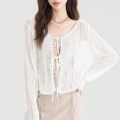 Knitted Cardigan Women's Sweaters 2025 Summer Hollow Out Thin Air Conditioning Cover Shirt Casual Loose Design Shawl Sweater Bow White Black Crop Top