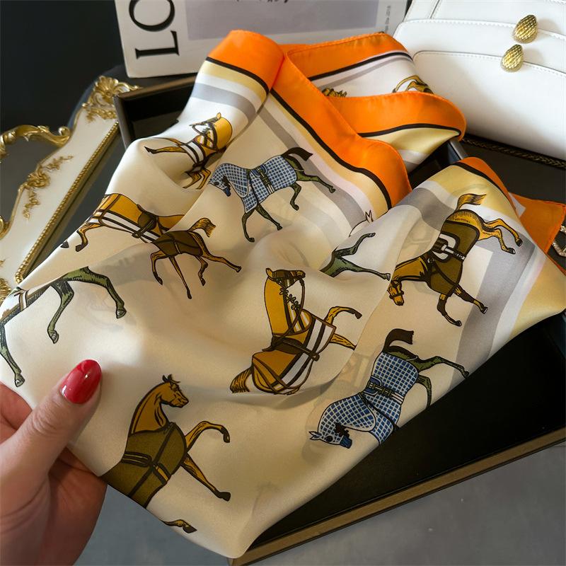Spring/Summer Breathable Horse Print Neckerchief Fashion 70cm Square Scarf Women’s Temperamental Imitation Silk Bandannas