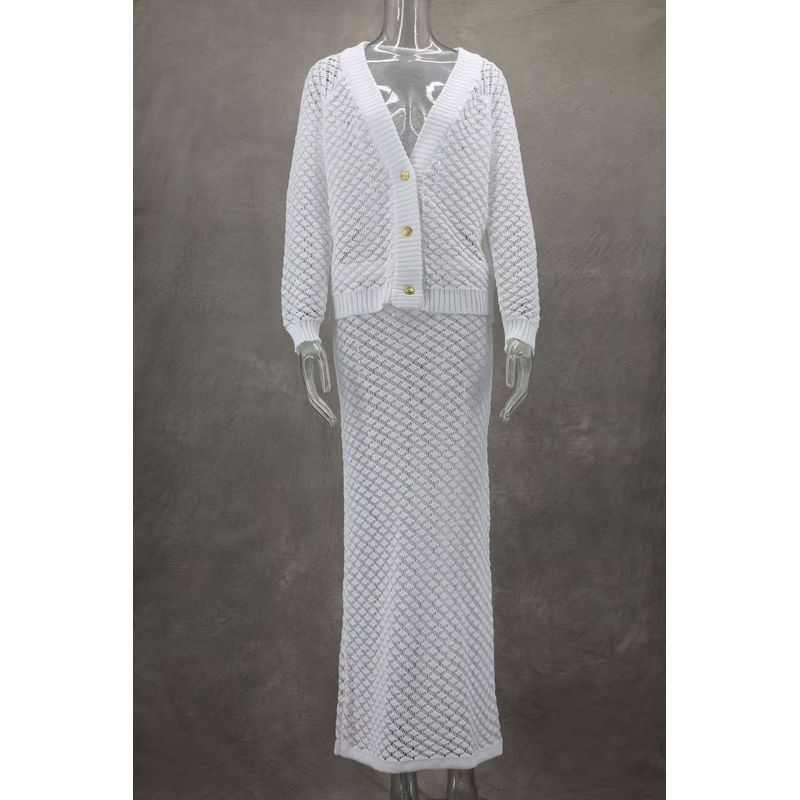 

European and American Beach Sexy Knitted Hollow out Top Skirt sets Knited Top and Skirt Set White L