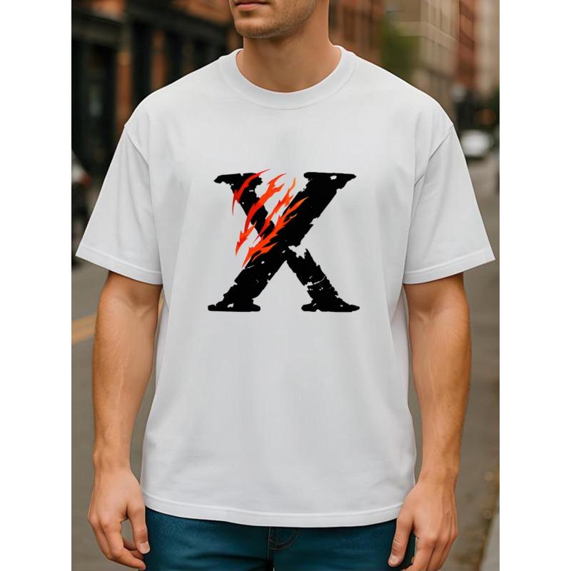 Europäische Größen Flammenzerissen Buchstabe X Trendiger Street Style Mode T-Shirt | Leichte Herren Rundhals Kurzarmshirt