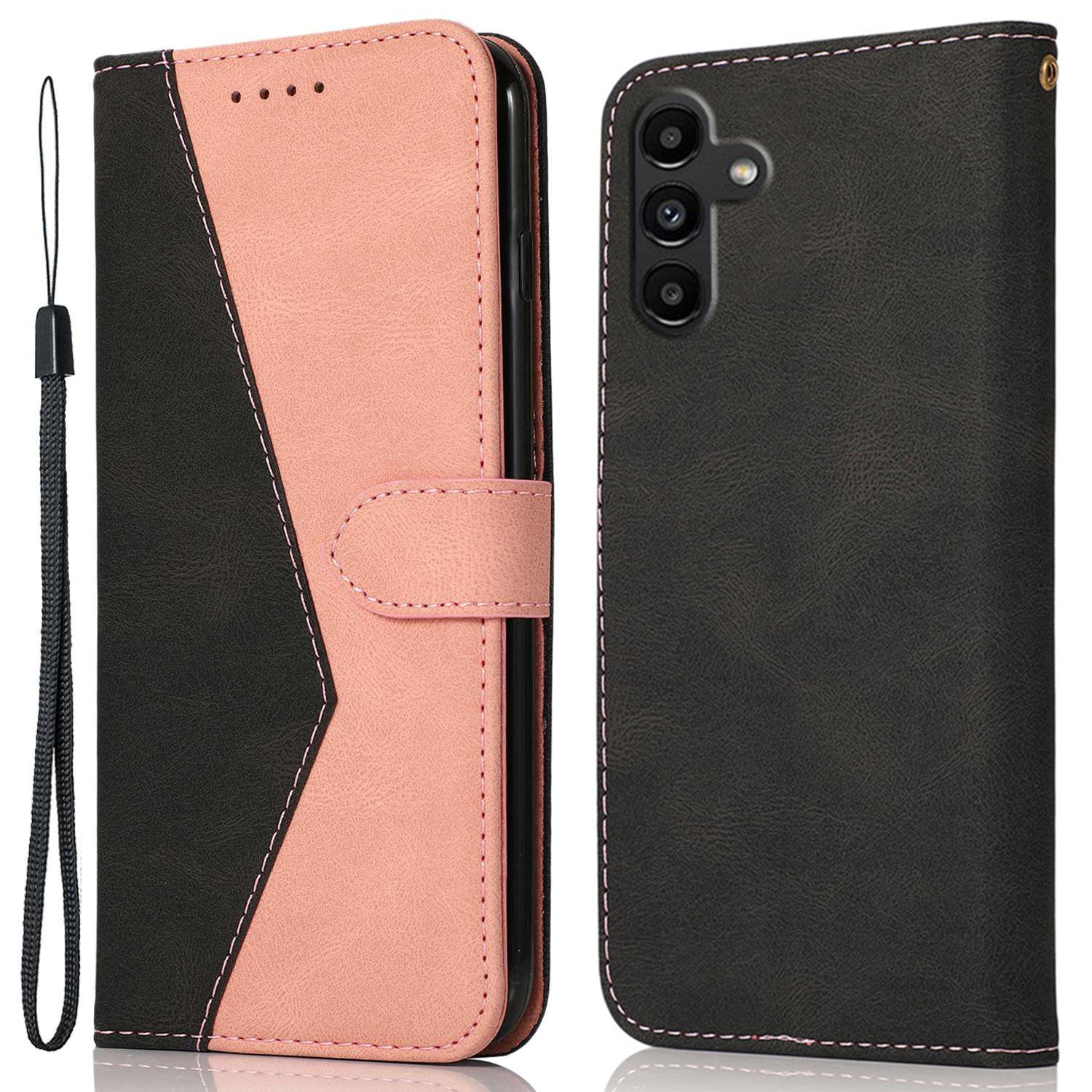 

For Samsung Galaxy A56 5G Cover Color Splicing Wallet Stand Leather Phone Case with Wrist Strap D