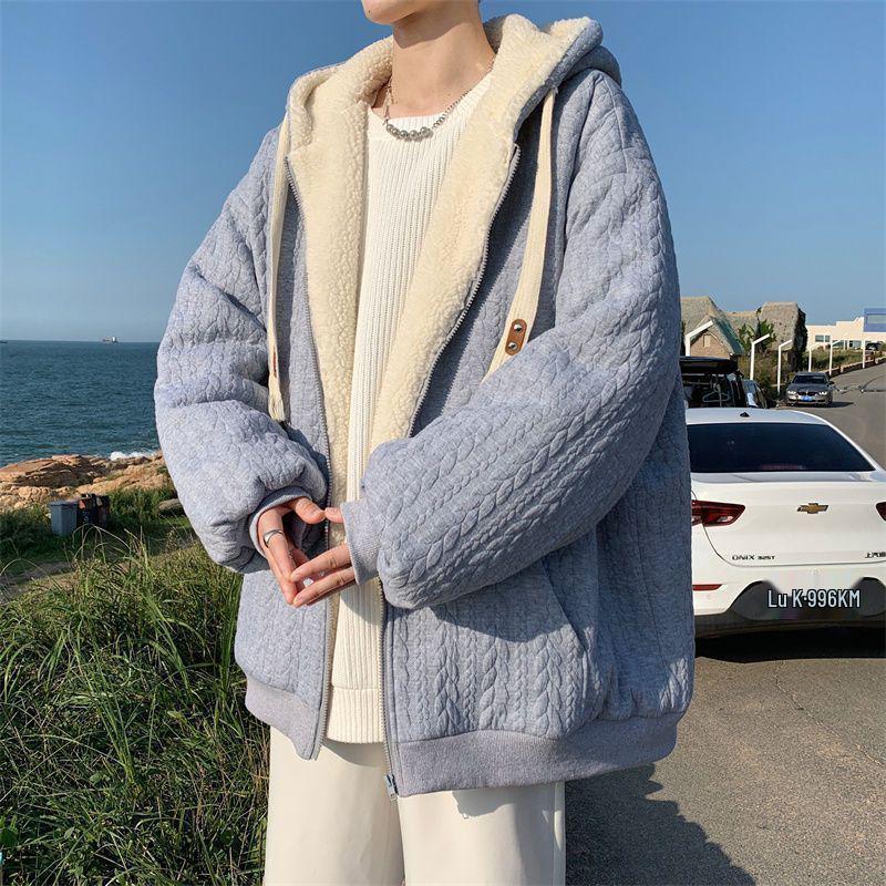 Men's Trendy Lambswool Jacquard Winter Coat - Warm Hooded Plush Cotton Jacket for Teens