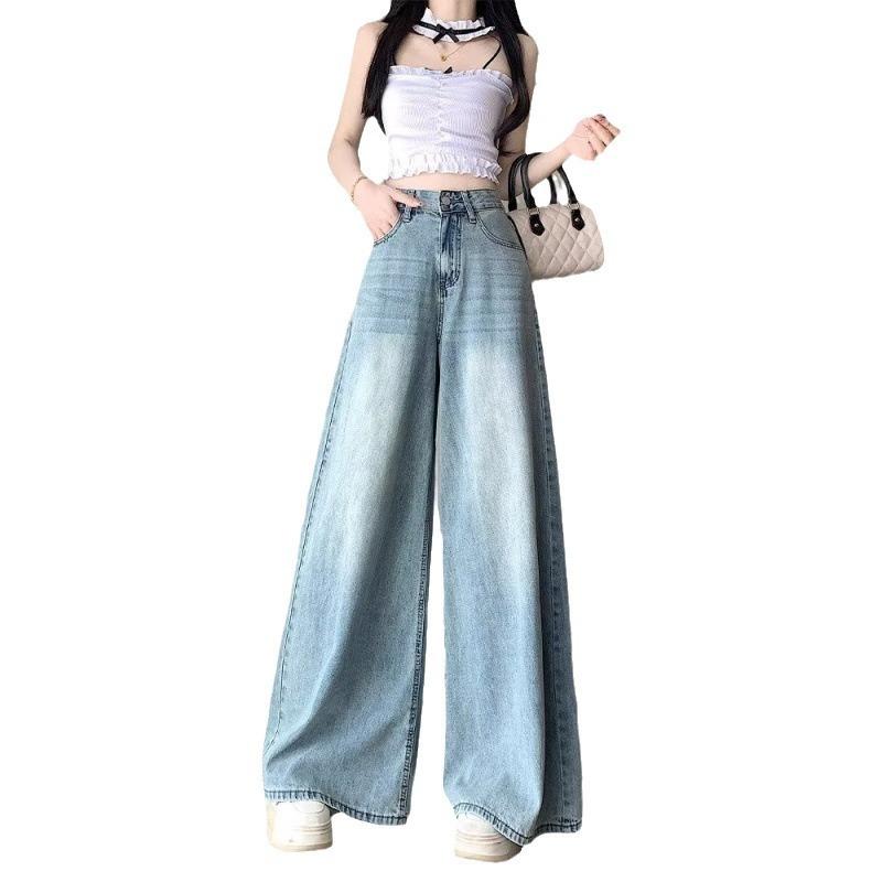Autumn and Winter Thin Light Blue Wide-leg Jeans Women's Large Size High Waist Thin Drape Loose Straight Mopping Trousers
