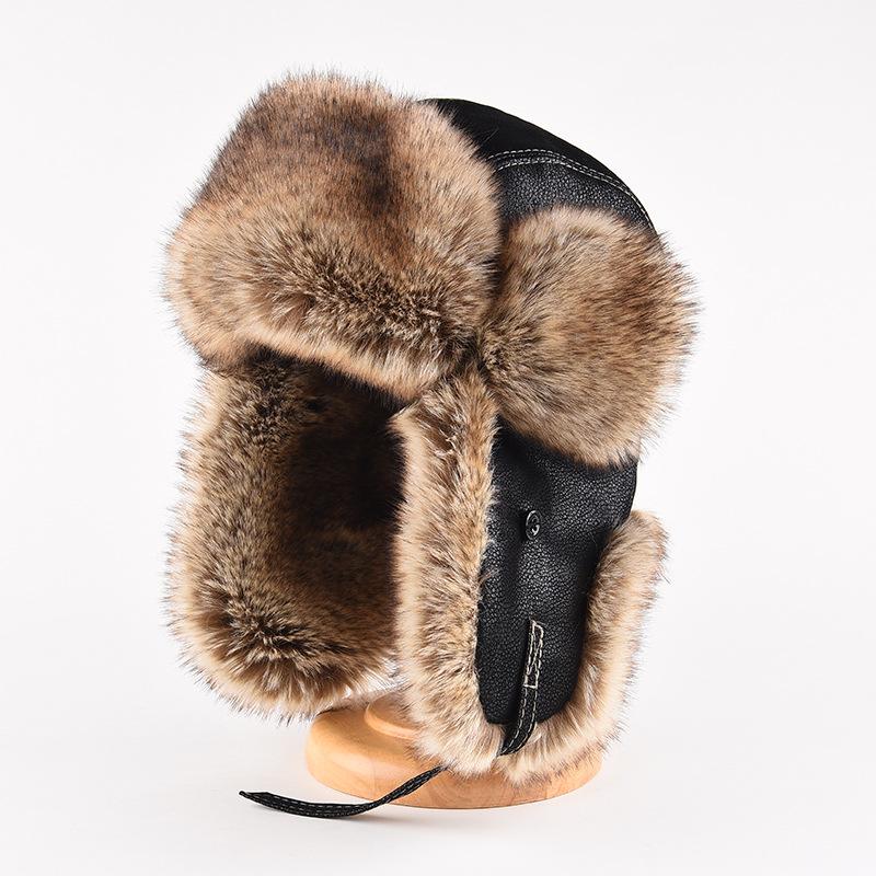 Men's Winter Leather Lei Feng Hat with Thick Plush, Ear Protection, and Big Head Fit for Cold Weather Cycling.