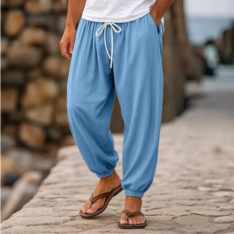 Men Elastic Waist Drawstring Casual Pants Loose Fit Ankle Cuffs Breathable Summer Beach Long Trousers
