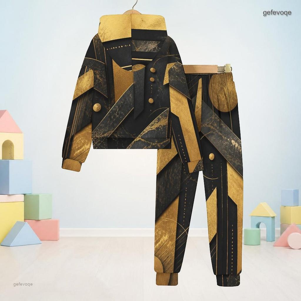 Kids Boys Girls Hooded Long Sleeve Printed Two Piece Set Black Gold Sweatshirt Cuffed Pants