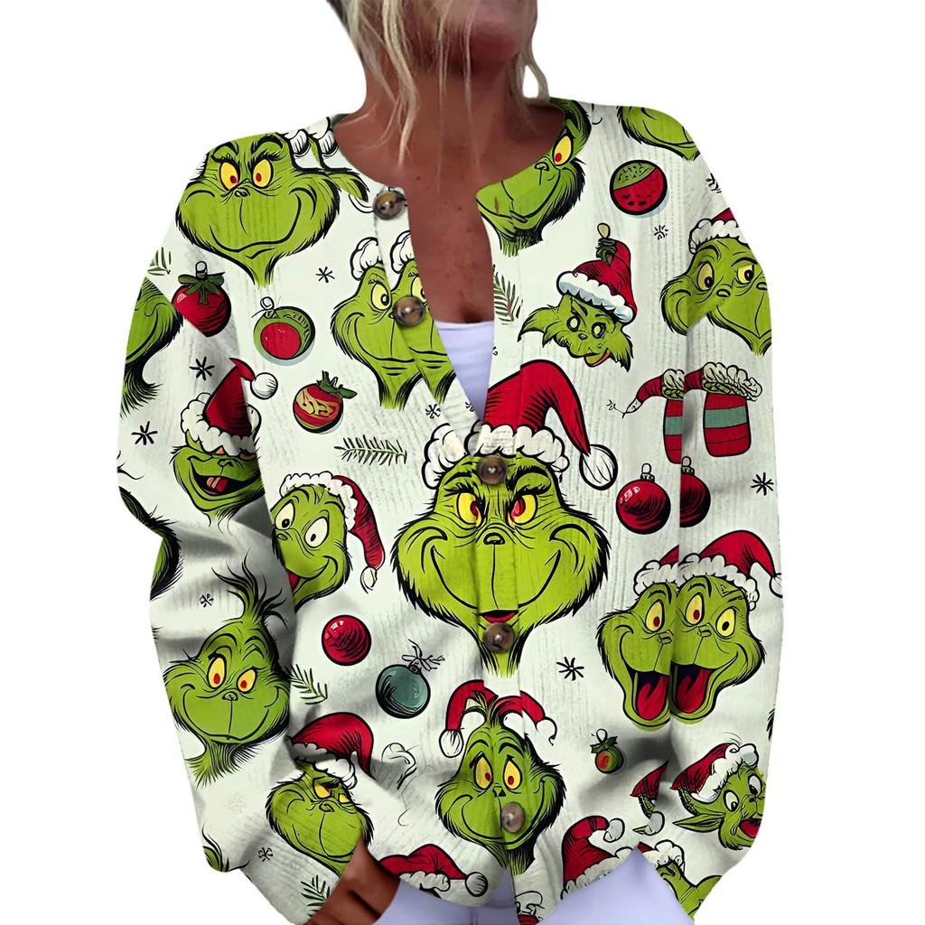 Women's Fashion Christmas Printed Long Sleeve Knitted Cardigan Button Down Jacket