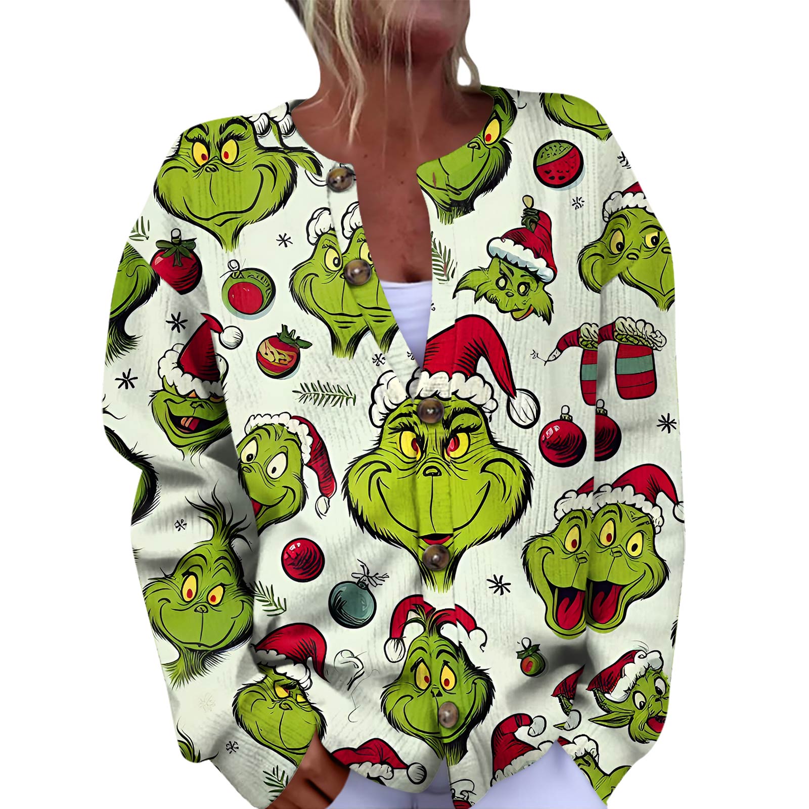 

Женская мода рождественский принт длинный рукав вязаный кардиган пуховик S