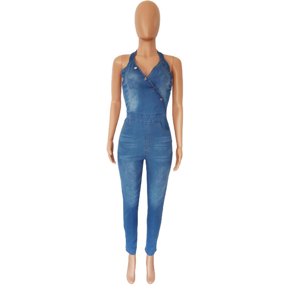 Europäischer und Amerikanischer Stil Schlankmachender Ärmelloser Neckholder Jumpsuit Jeans