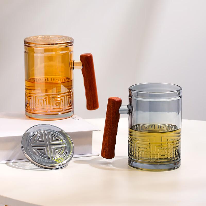 Auspicious Pattern Glass Mug with Wooden Handle, 400ml