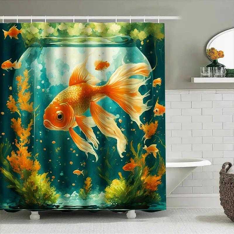 Fish Tank Print Shower Curtain Orange Fish Bath Rug Decorative Liner With Green Seaweed For Bathroom Blue Waterproof Fabric