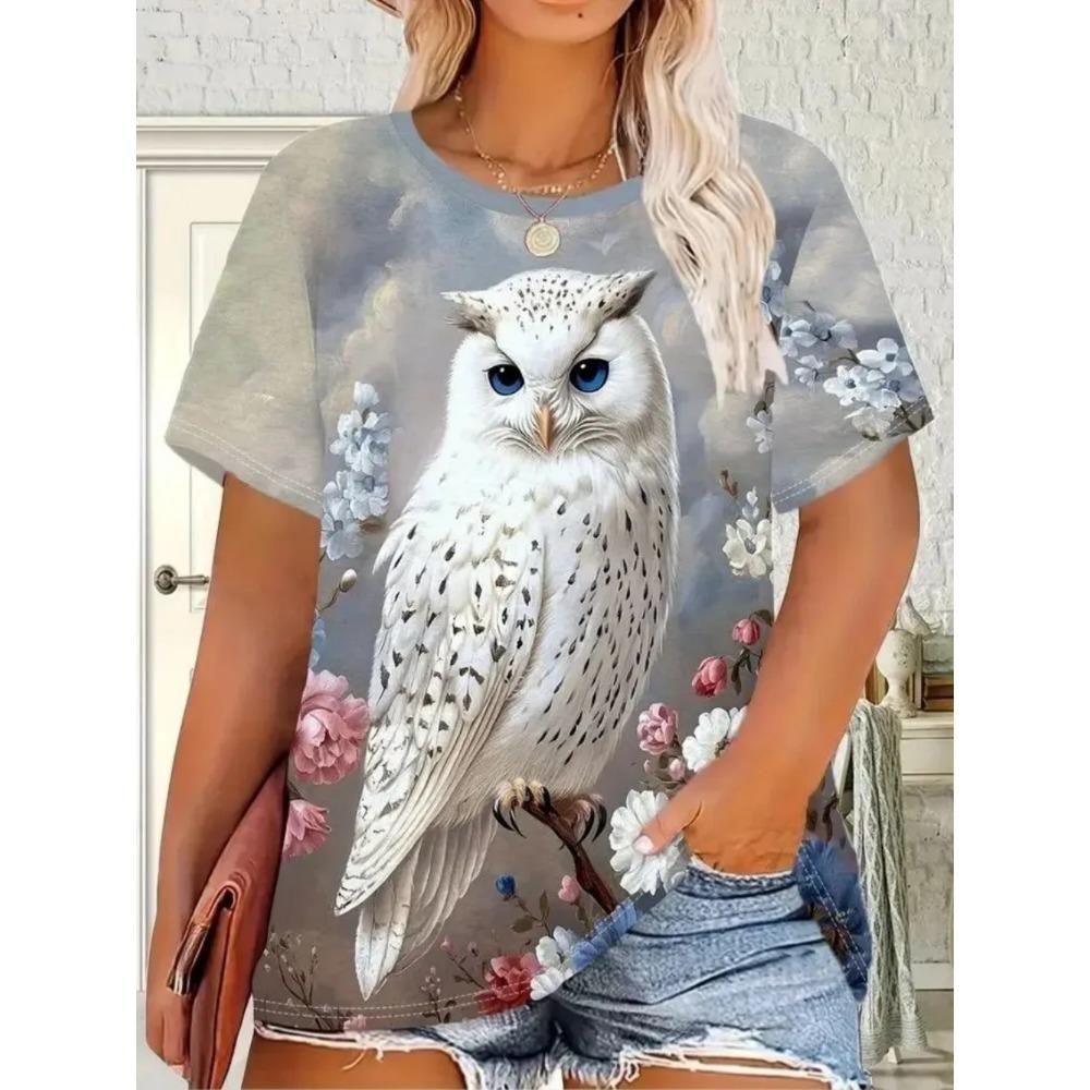Ladies Fashionable Comfortable Printed Animal T-shirt Interesting Animal Owl Bird Patterns Loose Breathable Large Size Short Sleeved T-shirt