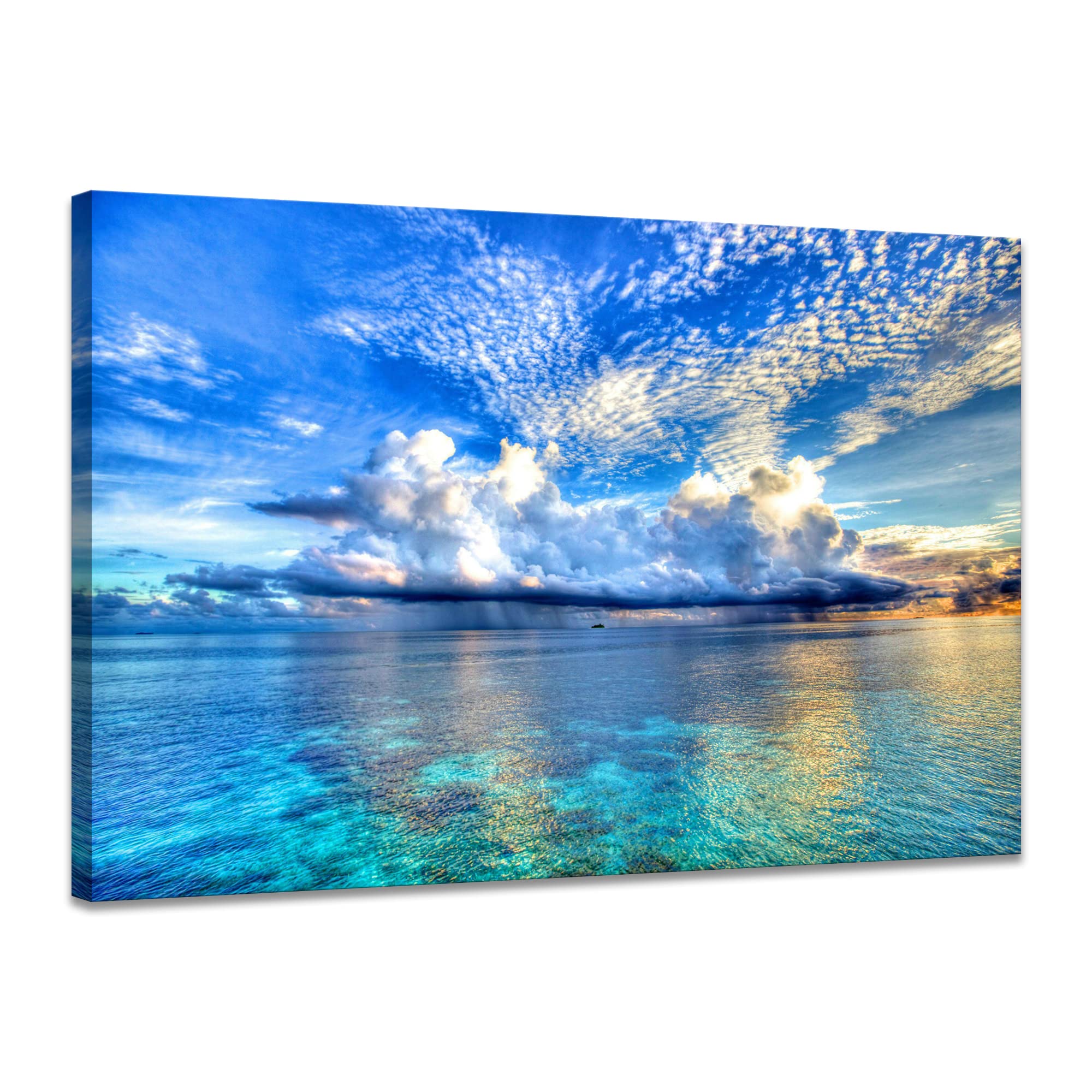 SKASNFAI Oceaanlandschap Canvas Muurschildering Blauwe Zee Zonlicht Schilderij met Houten Frame Paneel voor Huis Kantoor Decor