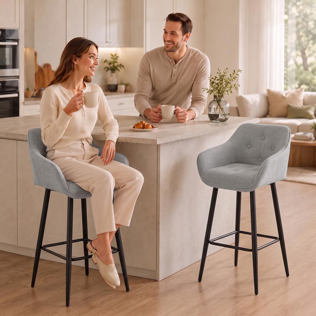 Bar Stools, Set of 2, Chenille Upholstered, 67 cm High, Backrest and Footrest, Grey