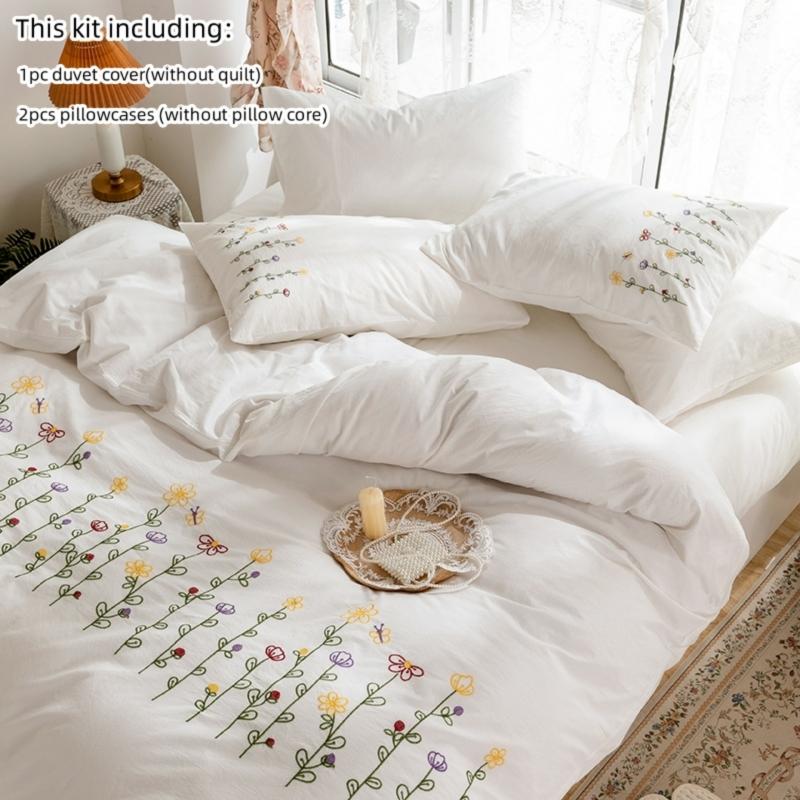 

3pcs Embroidery Duvet Cover Set (1*Duvet Cover + 2*Pillowcase, Without Core), Fresh Flower Print Bedding Set, Soft Comfortable 135x200cm 3pcs
