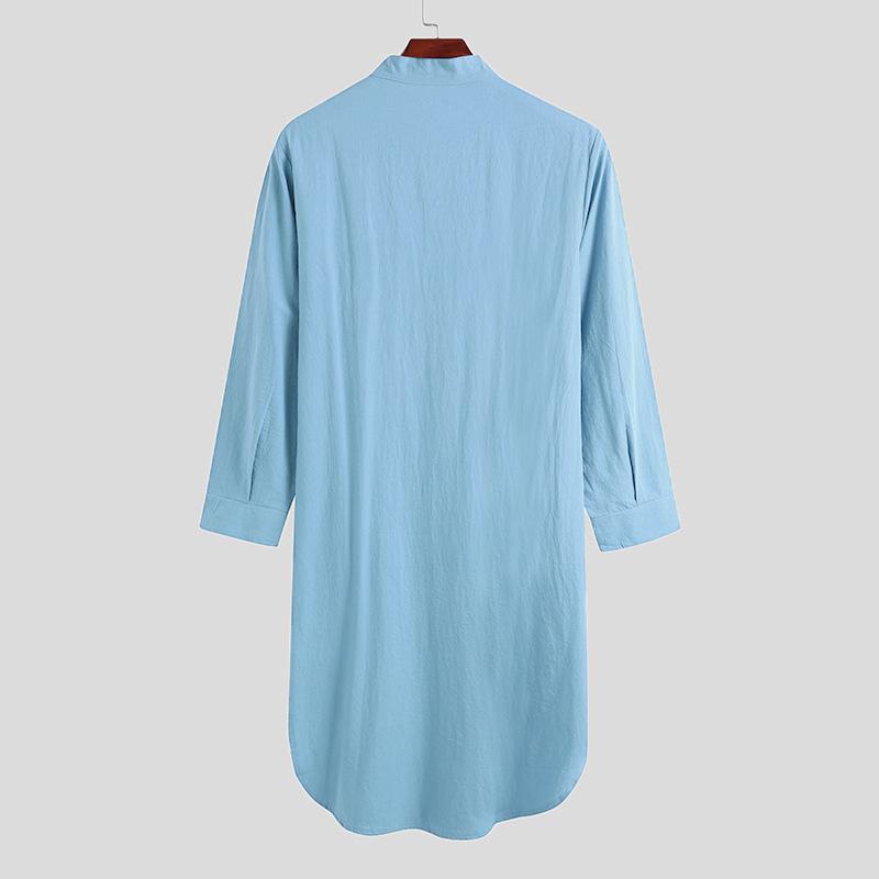 Männer Lange Hemden Muslimischen Hemd Einfarbig Stehkragen Langarm Lose Vintage Casual Männer Kleidung Streetwear Retro Herren Roben