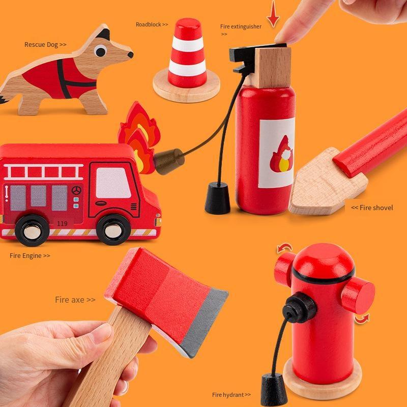 Play House Wooden Toy Firefighter Roleplaying Toys Simulation Fire Extinguishing Equipment Fire Engine Set for Kindergarten Kids