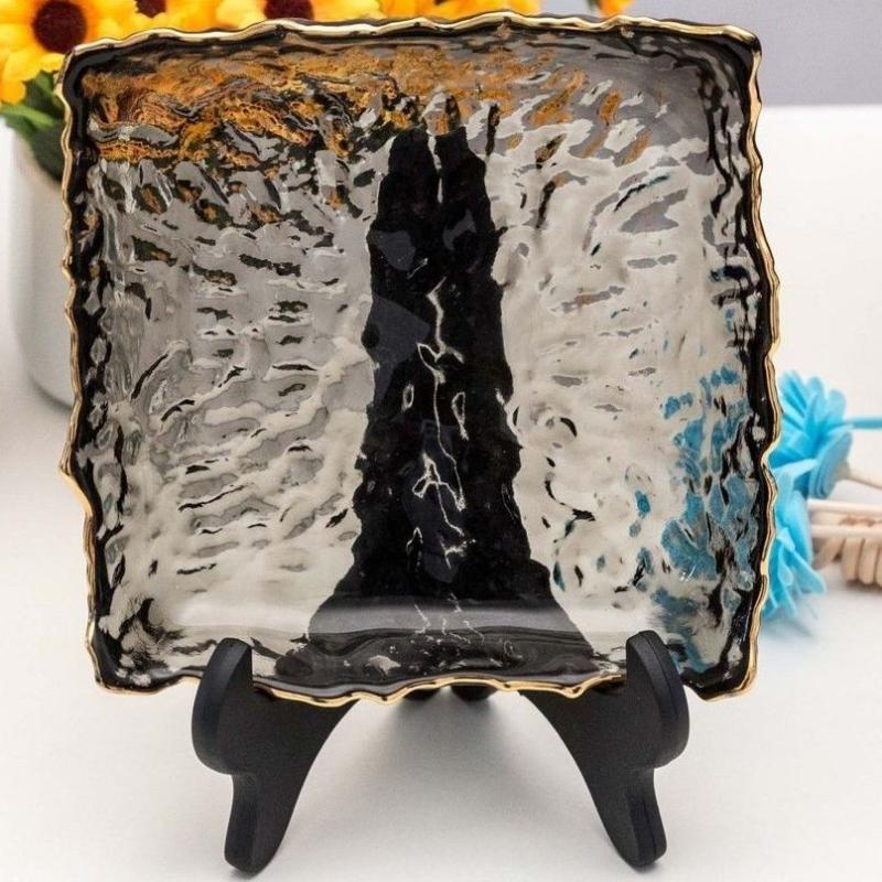 Square Glass Plate Phnom Penh Irregular Fruit Plate Small Snack Plate Living Room Decorative Plate Glass Crystal Plate Tableware