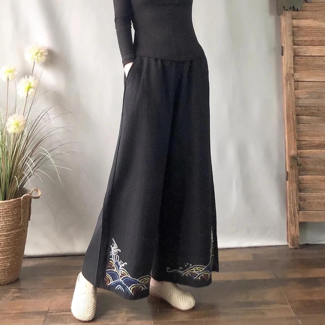 

Женские повседневные брюки из хлопка и льна в китайском стиле на весну и лето, удобные широкие брюки с вышивкой S чёрный