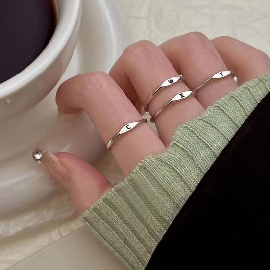 Yousheng Women Ring Simple Style Bright Luster Geometric Smooth Polished Adjustable Decorative Gift Alphabet A-Z Letters Initial Name Finger Ring