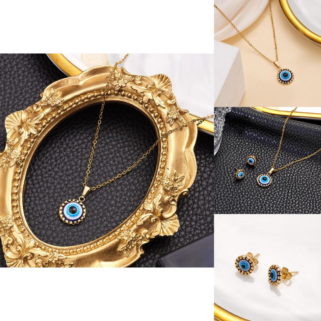 Turkish Evil Eye Jewelry Set With Geometric Alloy Pendant And Chain For Women