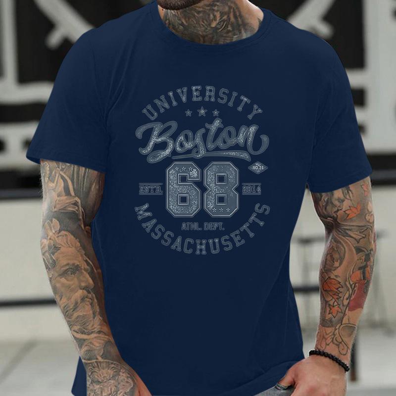 Plus Size Pure T-shirt Round Neck Print Men's Fashionable Short Sleeved T-Shirt- Soft Medium Stretch Polyester Fabric Summer Mens Relaxed Fit Clothing