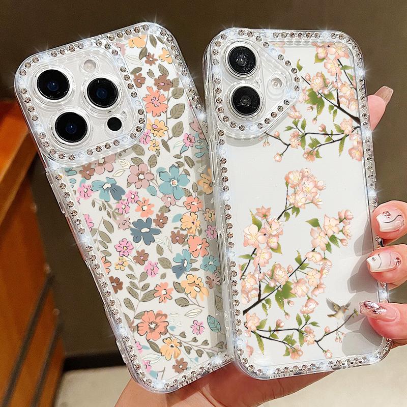 Flower Pattern Clear Soft Silicone Case For iPhone 16E 16 Pro Max 15 Pro 14 13 12 11 Diamond Frame Shockproof Transparent Phone Cover