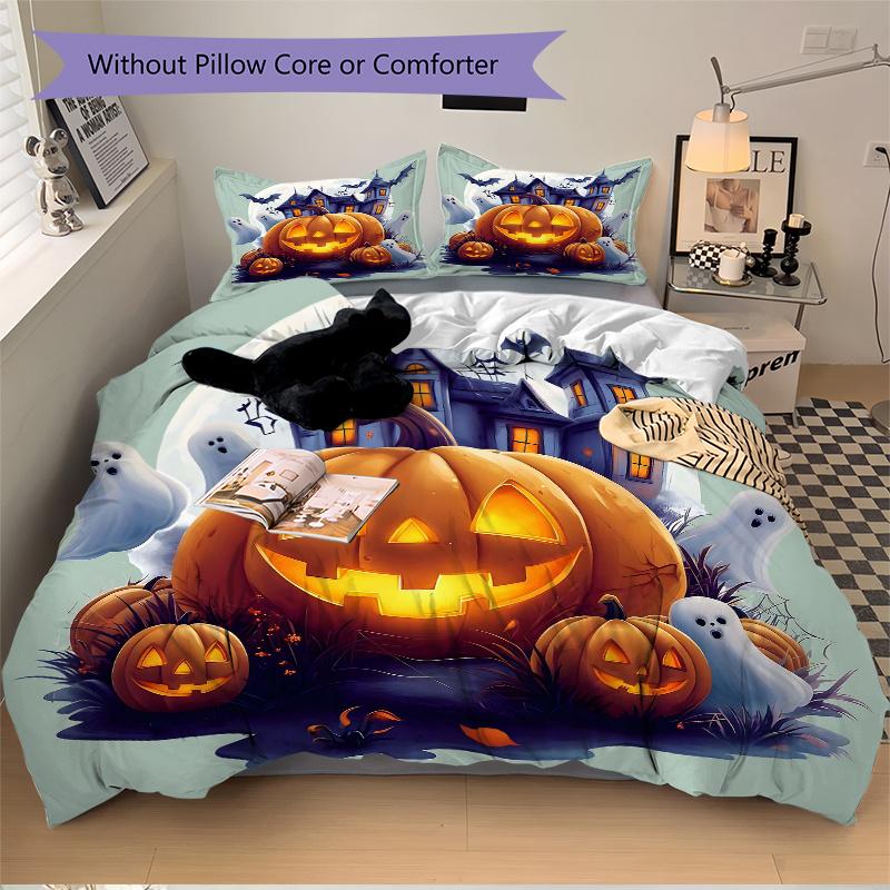 3pcs Pumpkin Halloween Printed Duvet Cover Set (1 * Cover+2 * Pillowcase, Without Core), Suitable for Home Bedroom, Guest Room, Dormitory Decorat