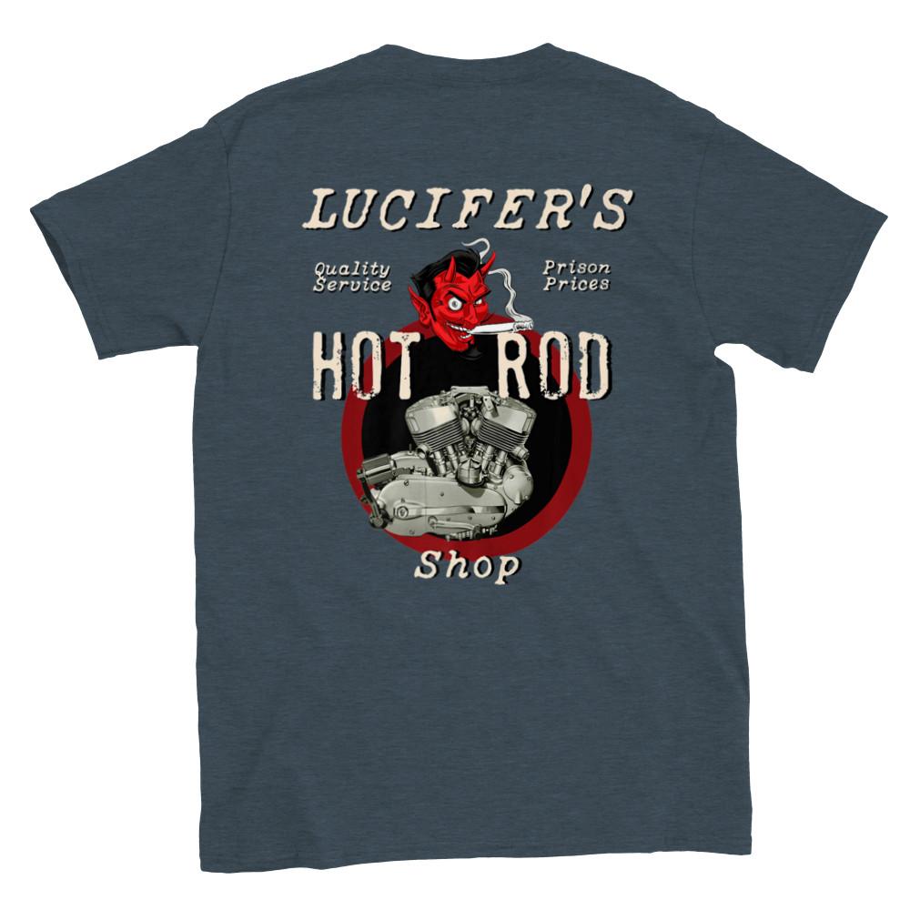 Lucifer s Hot Rod Shop - Back Print - Classic Crewneck T-shirt Unisex T-Shirt XXXL
