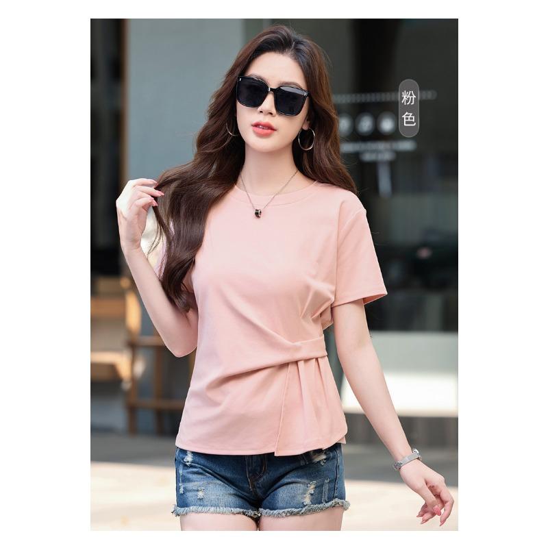 Mode Manches Courtes Femme Nouvelle Collection Été Couleur Unie Col Rond Manches Mi-longues Mode Plissé Haut Haut de Gamme