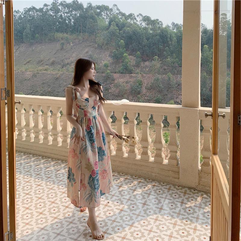 2023 Sommer Super Fee Schleifenband Träger Slipkleid mit Französischem Retro Ölgemälde Druck