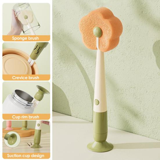Cleaning Brush Soft Flower-shaped Sponge Head Long Handle Cup Brush Suction Base Bottles Water Cups Cleaning Scrubber