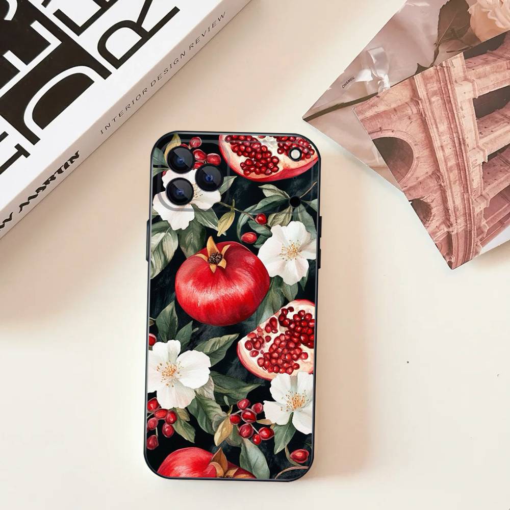 Pomegranate Flower Pattern For iPhone 17,16,15,14,13,12,11,Pro,Max,Plus,E,SE4,Air,Mini Black Soft Cover Phone Case