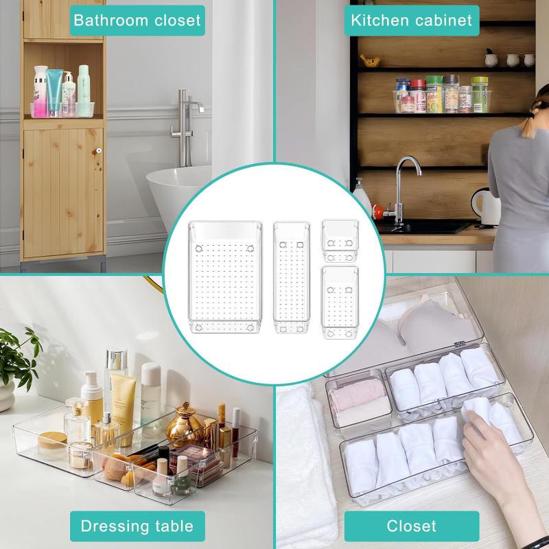 Bathroom Storage Organizer 25PCS Clear Plastic Drawer Bins for Makeup Kit Cosmetics Skincare Multi Size Tub