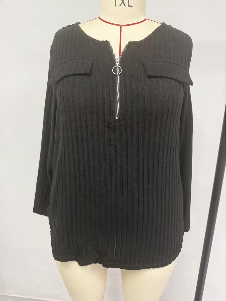 2025 Spring/Autumn Plus Size Women's Long Sleeve V-neck Zipper T-shirt
