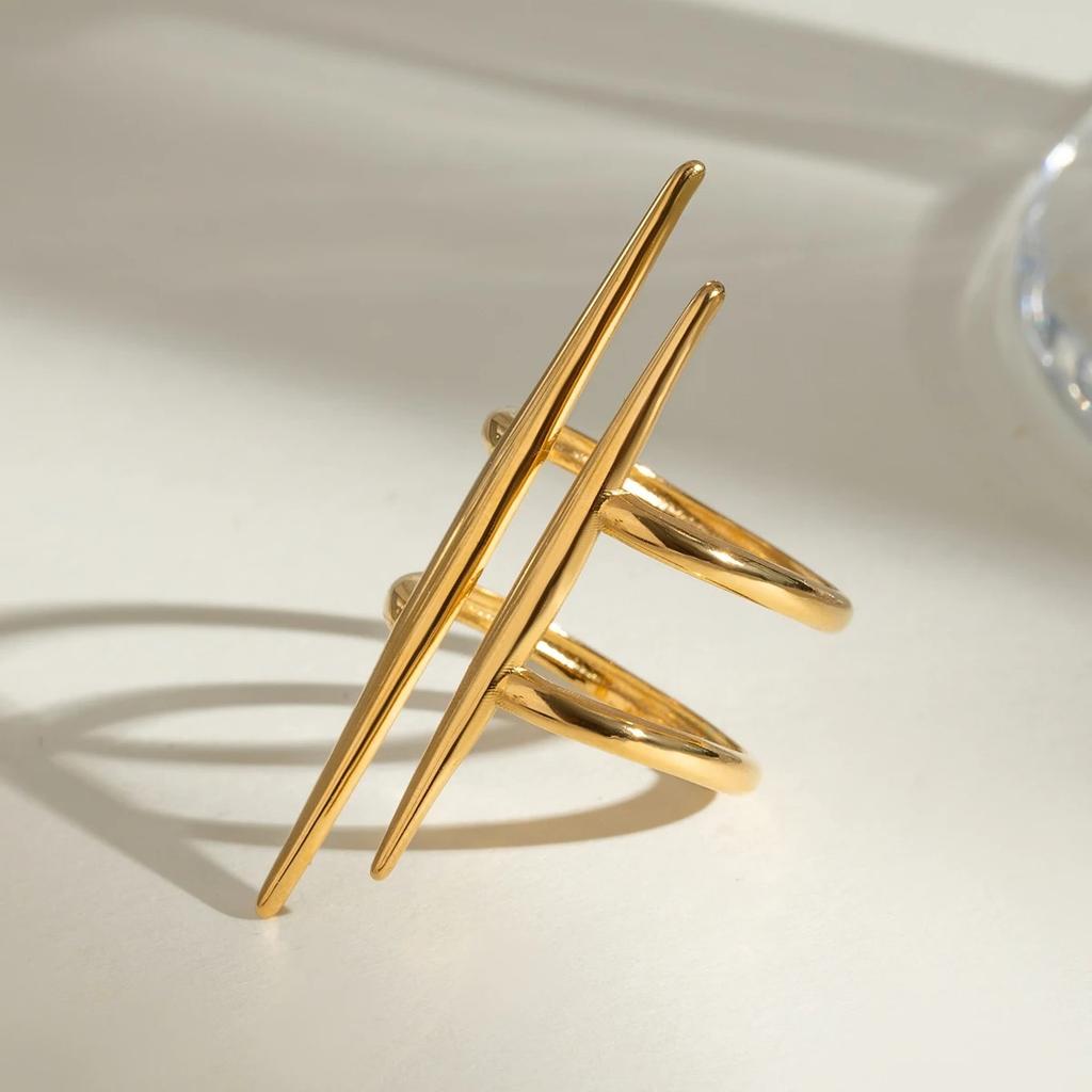 Stainless Steel 18K Gold Plated Vintage Parallel Double Line Hollowed Out Open End Ring Women Anti Allergic Charm Daily